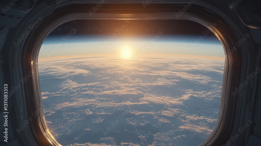 Naklejka premium Sunrise Over Earth From Spacecraft Porthole
