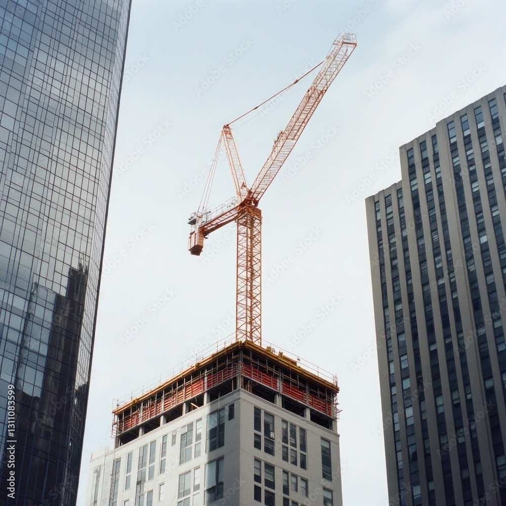 Fototapeta premium A construction crane framed by scaffolding at a residential development site