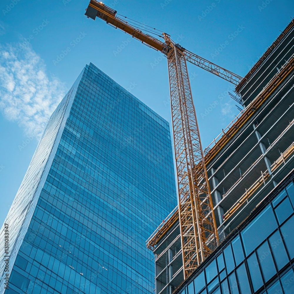Fototapeta premium A construction crane framed by scaffolding at a residential development site