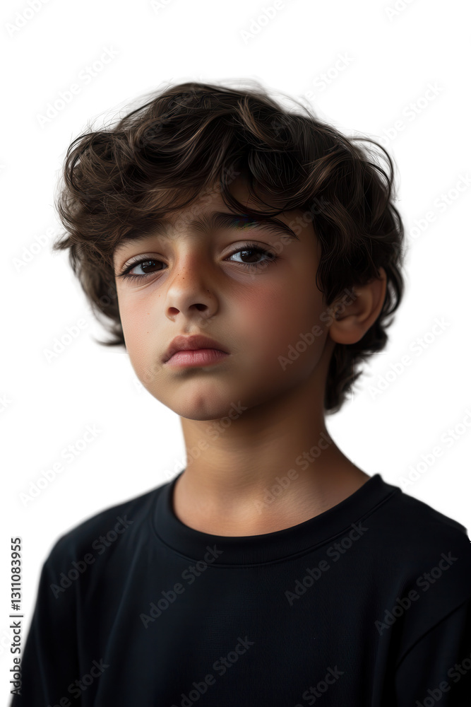 Child portrait isolated on white background, serious expression, young boy with curly hair, youth lifestyle, emotion, innocence, kid fashion, happy childhood. Child portrait isolated on white background, serious expression, young boy with curly hair, youth lifestyle, emotion, innocence, kid fashion, happy childhood.