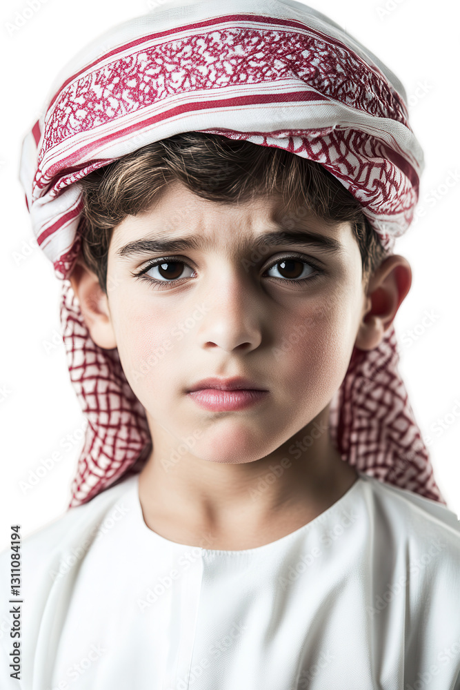 Boy in traditional Arab dress wearing a keffiyeh on white background portrait, expression of curiosity, cultural heritage, innocence, childhood. Boy in traditional Arab dress wearing a keffiyeh on white background portrait, expression of curiosity, cultural heritage, innocence, childhood.