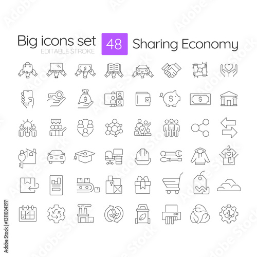 Sharing economy linear icons set. Exchanging goods and services between consumer. Social community system. Customizable thin line symbols. Isolated vector outline illustrations. Editable stroke