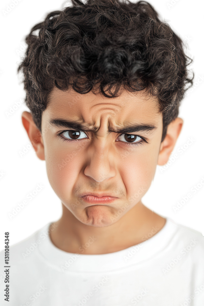 Boy expressing frustration or anger with a serious facial expression on a white background, emotions concept, childhood feelings, isolated portrait image. Boy expressing frustration or anger with a serious facial expression on a white background, emotions concept, childhood feelings, isolated portrait image.
