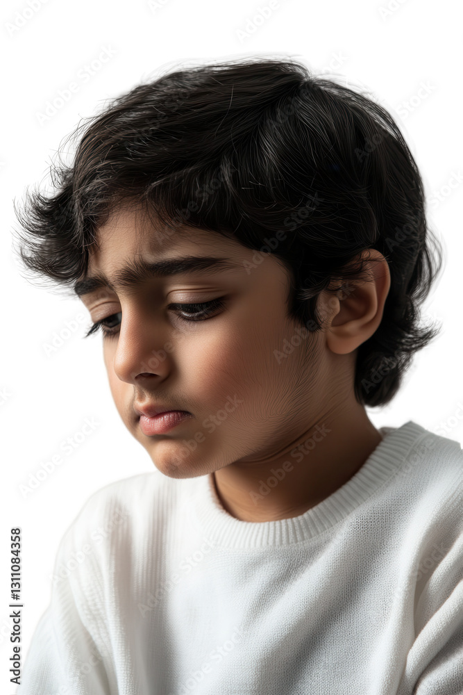 Child with sad expression looking down, isolated on white background, young boy feeling emotional and thoughtful, portrait of childhood, innocence and feelings. Child with sad expression looking down, isolated on white background, young boy feeling emotional and thoughtful, portrait of childhood, innocence and feelings.