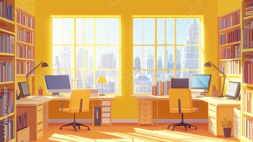 Wallpaper Mural Sunny city view office workspace with bookshelves Torontodigital.ca
