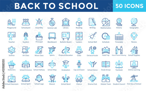 Back to School icon set with playground, schoolyard, assembly, science lab, library, reading, writing, mathematics, history, geography, education icon. Simple outline color vector 
