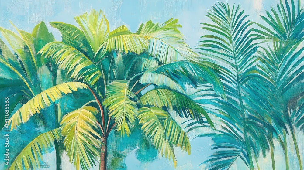 Fototapeta premium tropical palm tree, lush green leaves, clear blue sky, detailed texture, botanical illustration, vibrant colors, serene nature setting
