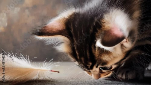 Curious Tabby Kitten with Feather