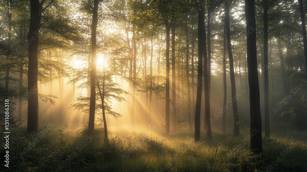 Obraz premium Golden sunrise rays in a misty green forest landscape fog calm trees light woods nature scenic serene