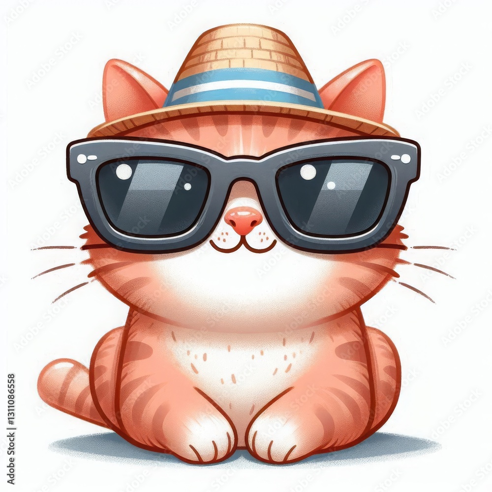 Naklejka premium Charming cat in sunglasses and hat, enjoying a warm day