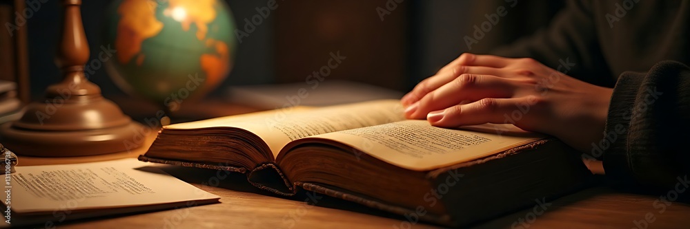 Fototapeta premium Reading Old Book at Wooden Desk, Cozy Studious Atmosphere