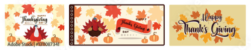 Thanksgiving feast celebrations feature turkeys, pumpkins, and fall leaves.