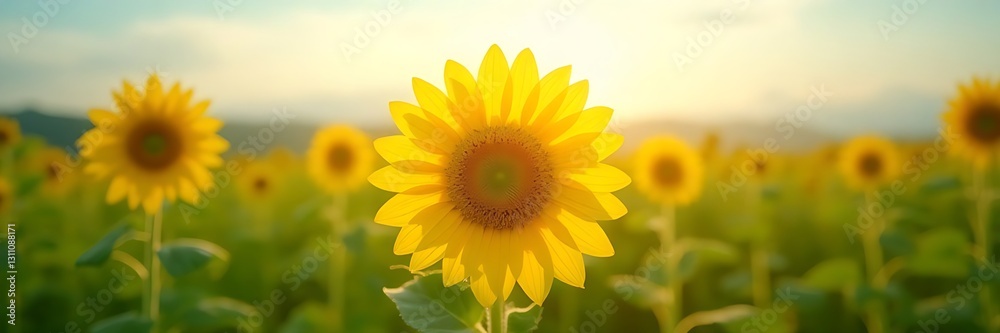 Obraz premium Sunflower Close-Up in Vibrant Field, Warm Sunrise Light