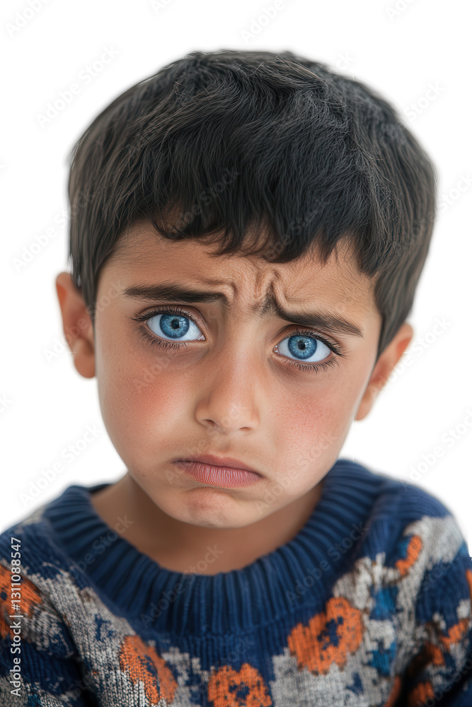Concerned child with blue eyes looking sad on isolated white background, expressing emotion, childhood innocence, portrait of youthful expression and feelings. Concerned child with blue eyes looking sad on isolated white background, expressing emotion, childhood innocence, portrait of youthful expression and feelings.