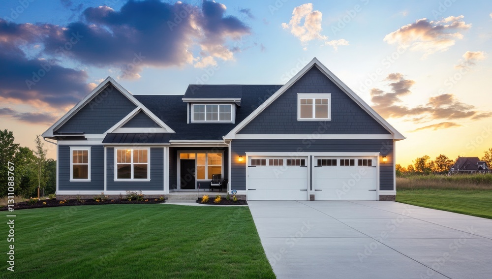 Dusk view of modern home with manicured lawn Dusk view of modern home with manicured lawn