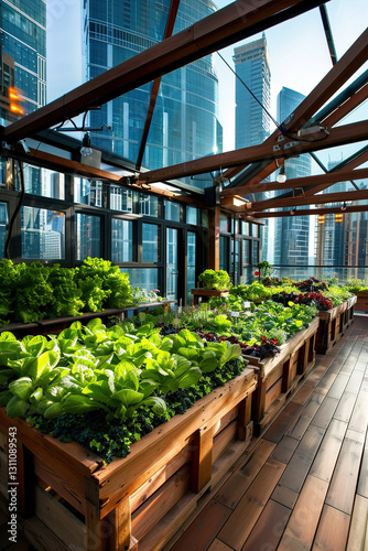 Urban growing vegetables in a greenhouse with a panoramic view of city skyscrapers