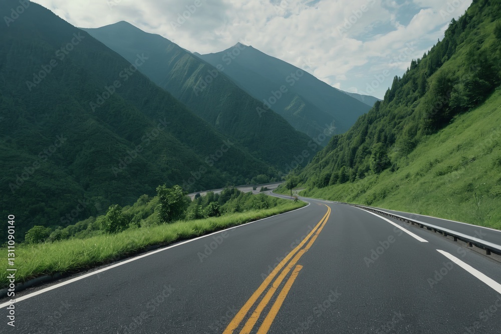 Naklejka premium The empty asphalt highway curves through the mountain landscape under a summer sky, a scenic drive and journey