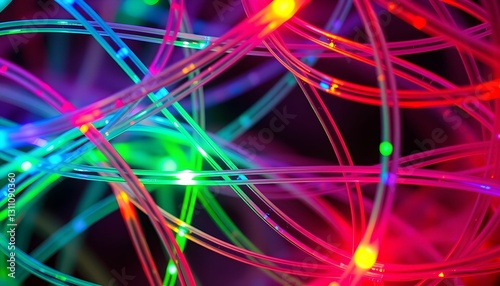 Abstract tangle of bright optical fibers close-up view photo