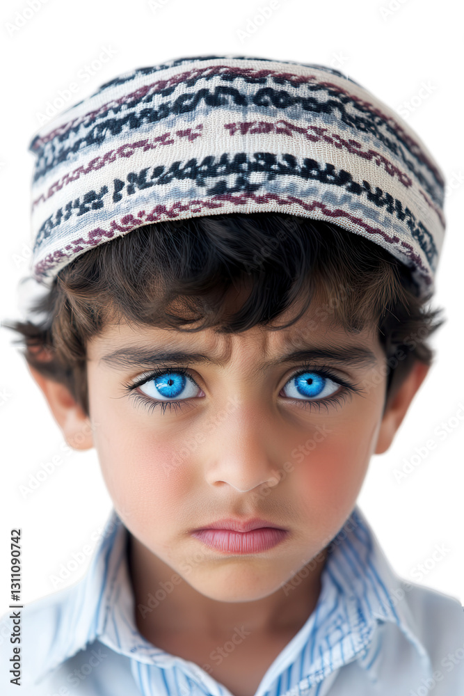 Child boy with blue eyes wearing traditional Oman hat looking serious isolated on white background portrait youth ethnicity innocence expression. Child boy with blue eyes wearing traditional Oman hat looking serious isolated on white background portrait youth ethnicity innocence expression.