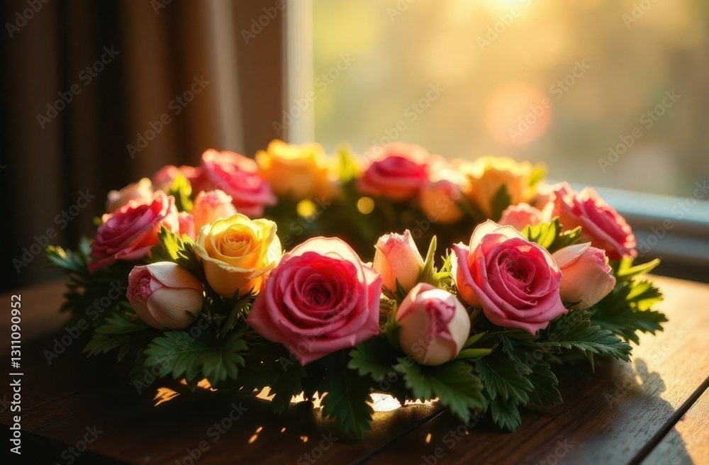 Obraz premium Beautiful floral arrangement of roses illuminated by soft sunlight indoors