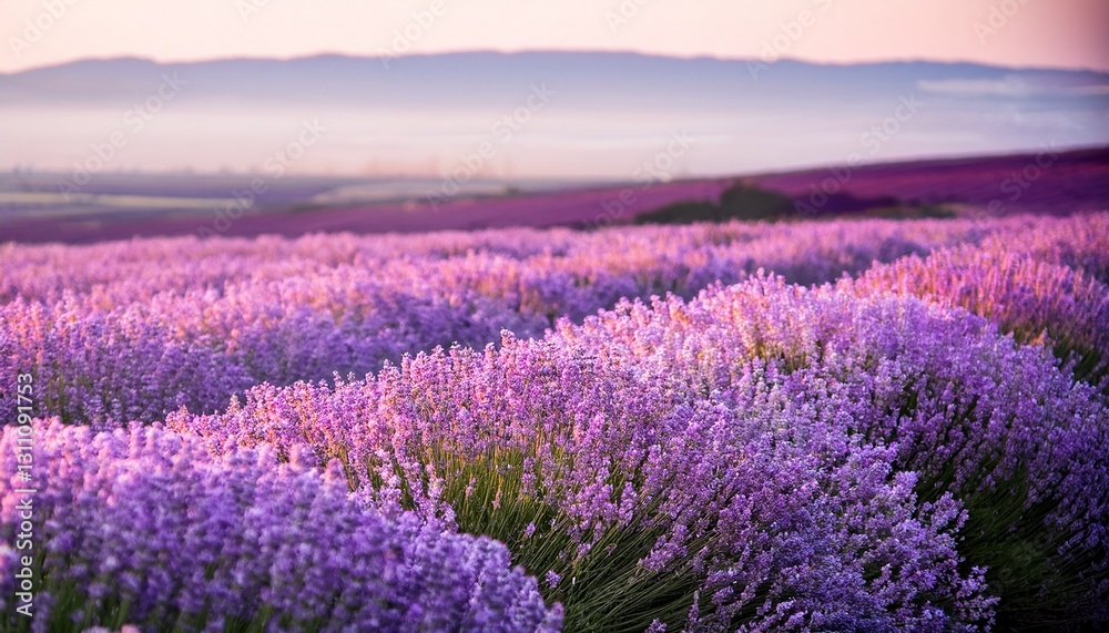 Obraz premium Lavender Field Gradient – A soft blend of lavender fields merging gently with pale pink and white, evoking a calm and serene atmosphere. 