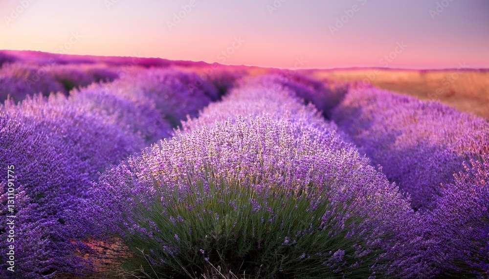 Fototapeta premium Lavender Field Gradient – A soft blend of lavender fields merging gently with pale pink and white, evoking a calm and serene atmosphere. 