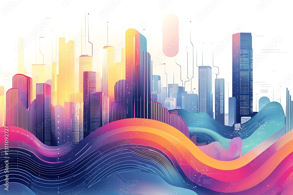 A data-driven smart city concept where gradient lines and abstract wave patterns create connections for big data A data-driven smart city concept where gradient lines and abstract wave patterns create connections for big data