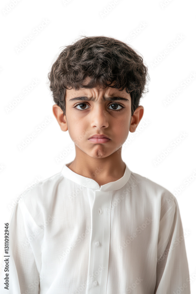 Sad child feeling upset and frustrated with serious expression isolated on white background, young boy in traditional clothing looking unhappy. Sad child feeling upset and frustrated with serious expression isolated on white background, young boy in traditional clothing looking unhappy.