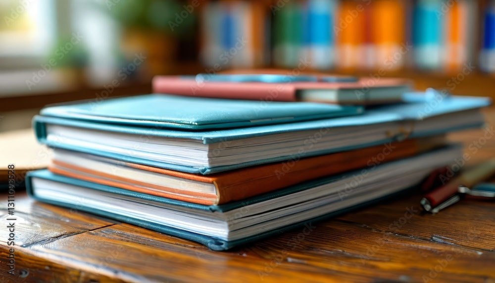Multicolored books piled on rustic wooden surface, blurred bookshelf background highlighting scholarly ambiance for literary exploration and knowledge absorption Multicolored books piled on rustic wooden surface, blurred bookshelf background highlighting scholarly ambiance for literary exploration and knowledge absorption