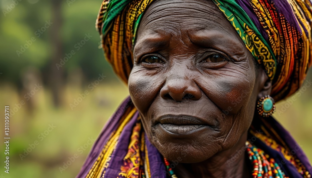 Fototapeta premium Senior african woman wearing vibrant headdress, contemplating quietly with traditional beaded necklace, representing cultural depth and feminine wisdom