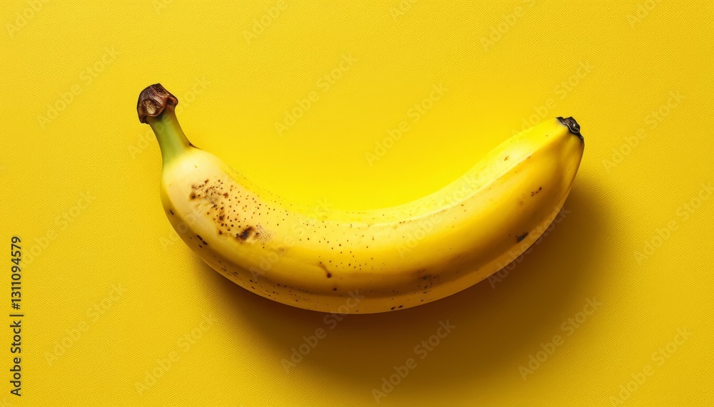 Ripe banana with brown spots lying on bright yellow surface, showcasing organic texture and vivid color contrast Ripe banana with brown spots lying on bright yellow surface, showcasing organic texture and vivid color contrast