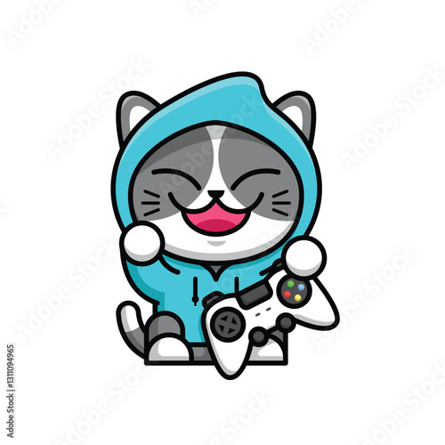 A CUTE GREY CAT IS WEARING A HOODIE AND HOLDING A JOYSTICK CARTOON ILLUSTRATION