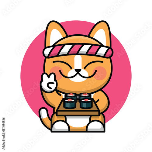 CUTE ORANGE CAT IS BRINGING A PLATE OF SUSHI CARTOON LOGO