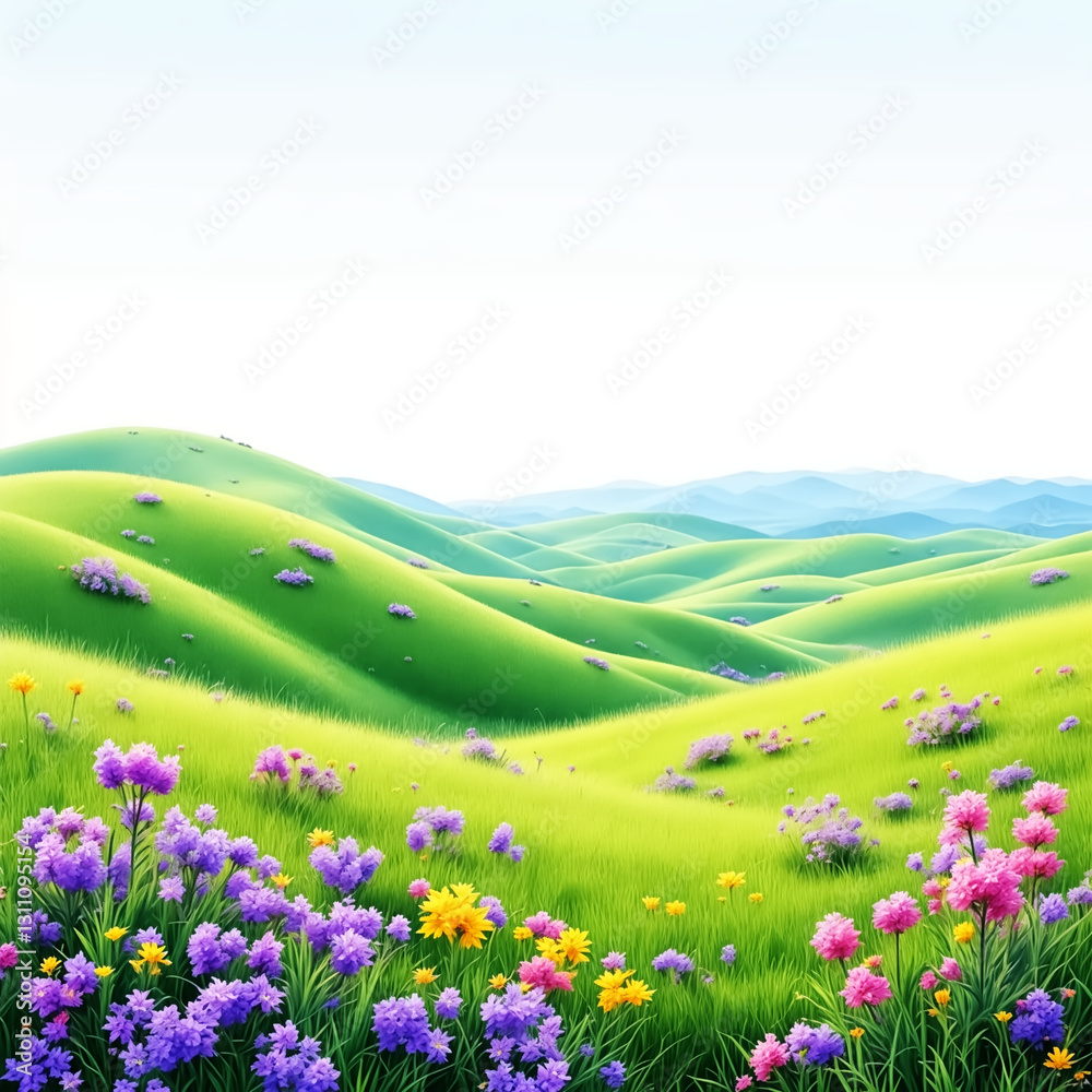 Obraz premium Panoramic View of Rolling Green Hills and Blooming Wildflowers