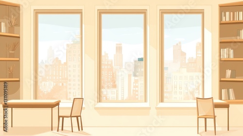 Empty room with city view, study, office