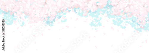 ふんわりした桜と青空の横長ベクターイラスト