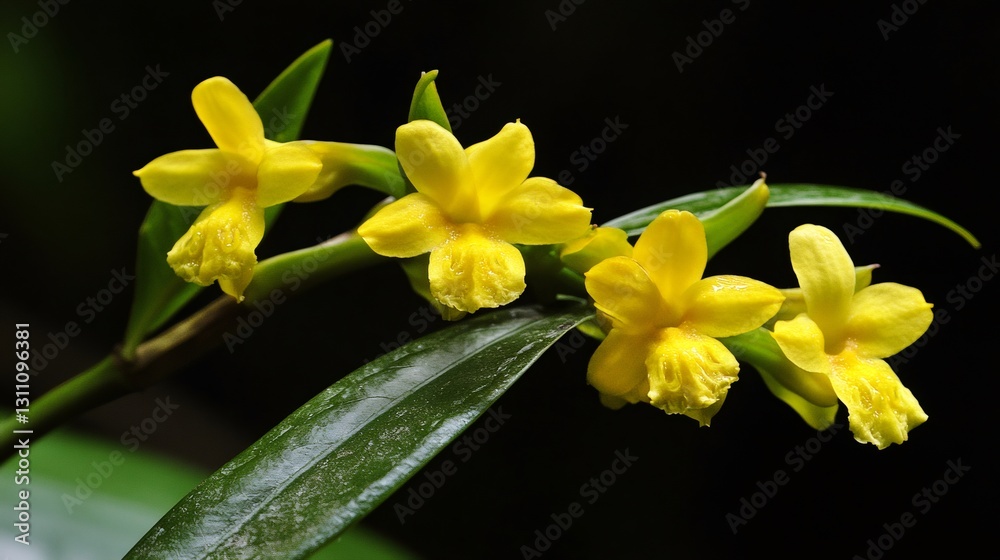 Fototapeta premium Yellow orchid flowers blooming on a black background