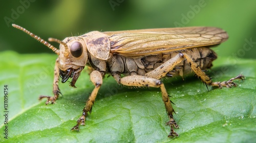 Close up of a weta standing on a green leaf in new zealand photo