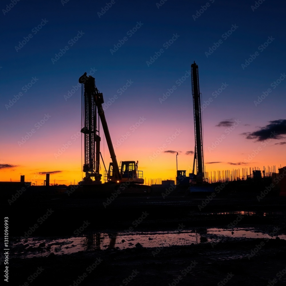 A construction site at night illuminated by floodlights A construction site at night illuminated by floodlights