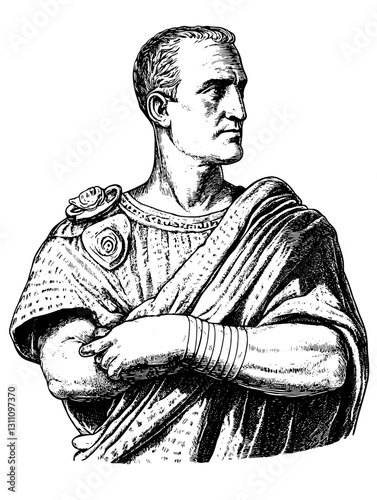 Engraved illustration of a Roman leader in regal attire, symbolizing strength and authority for diverse artistic applications