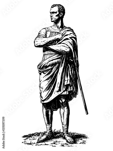 Engraved illustration of a Roman general posing confidently in a classic robe and sandals during the height of ancient civilization