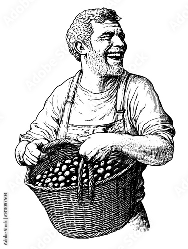 Joyful harvest of fruits by a smiling farmer showcasing the charm of rural life in an engraved art style