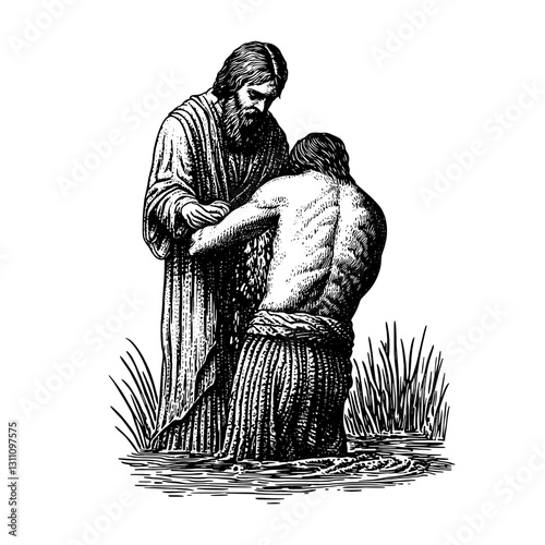 Engraved illustration of a historical baptism ceremony in a serene river setting
