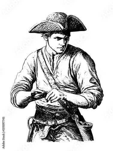 Historic sailor preparing for maritime adventure with detailed engraving in vintage tattoo style