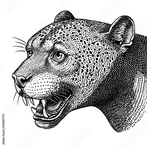 Engraved illustration of a fierce leopard head in intricate detail for tattoo or packaging design