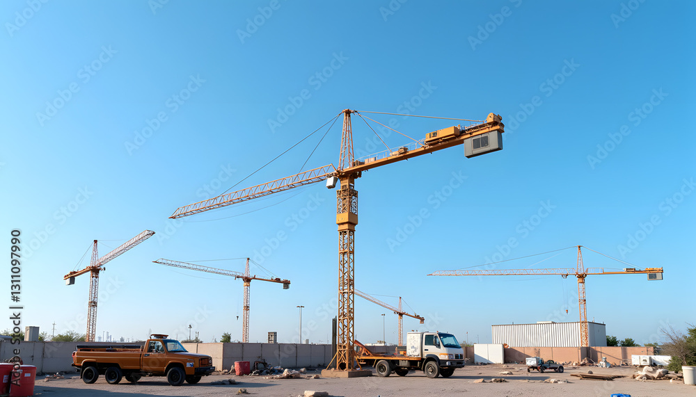 Hyperrealistic construction crane in active site under clear blue sky highlighting labor and progress Hyperrealistic construction crane in active site under clear blue sky highlighting labor and progress