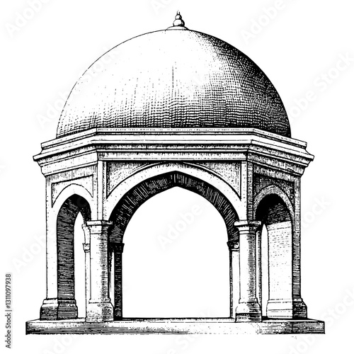 Engraved illustration of a classic architectural pavilion with a domed roof and elegant arches reflecting timeless design
