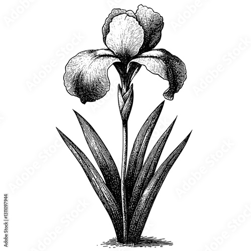 Engraved illustration of a delicate iris flower, perfect for tattoo designs and packaging inspiration