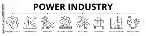 Power Industry Line Banner Web Icon Set Vector Illustration, Energy Production Power Generation Grid Hydroelectric Wind Solar Geothermal Biomass