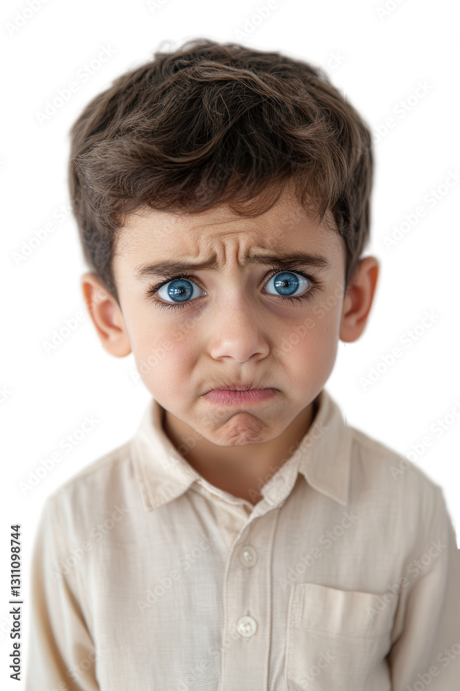 Child with sad expression looking at camera on white background, emotion concept, childhood feelings, unhappy facial expression, distressed boy portrait. Child with sad expression looking at camera on white background, emotion concept, childhood feelings, unhappy facial expression, distressed boy portrait.